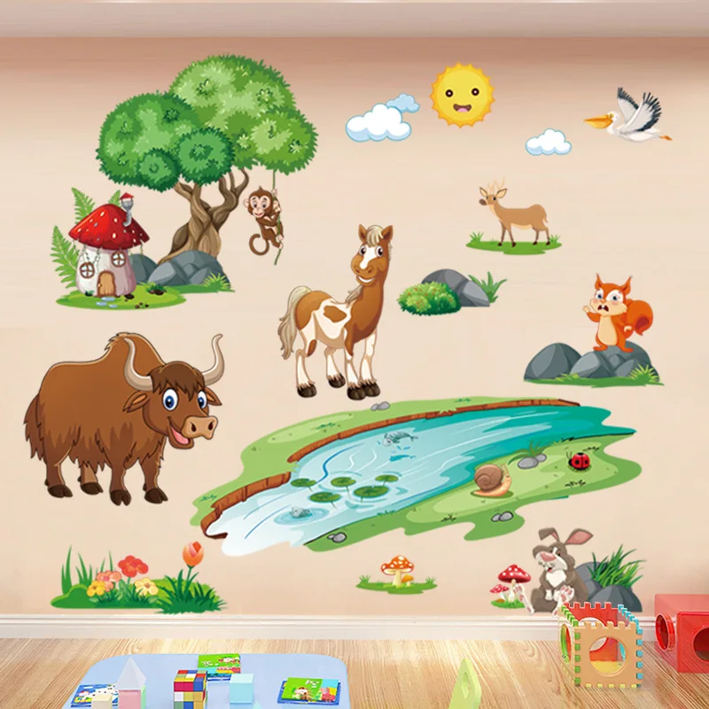 Little Horse Crossing the River Wall Sticker Cartoon animals  Decals  Living Room Decorative Wallpaper