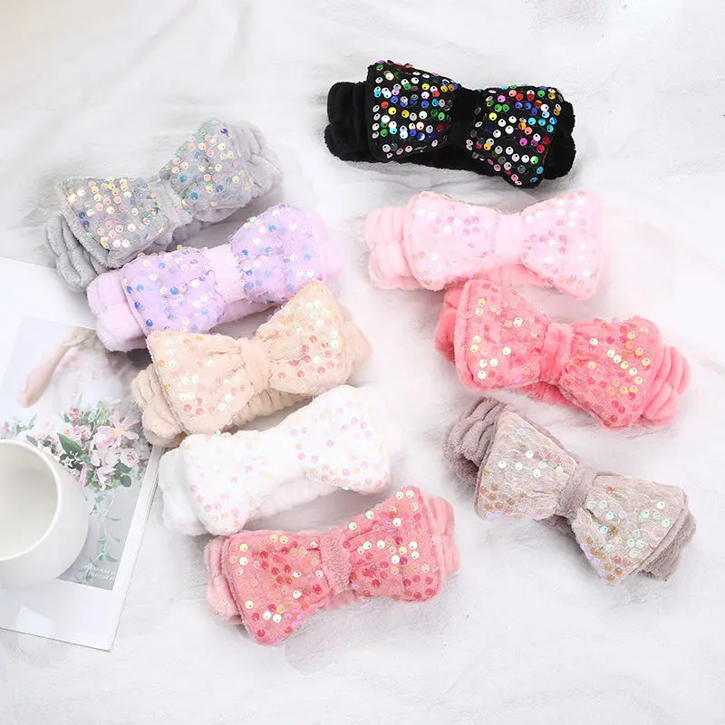 ODM Factory Korean Sequined Bow Hair Ties Flannel Wide Brim Plush Elastic Hair Bands Womens Face Wash Makeup Cloth Headbands