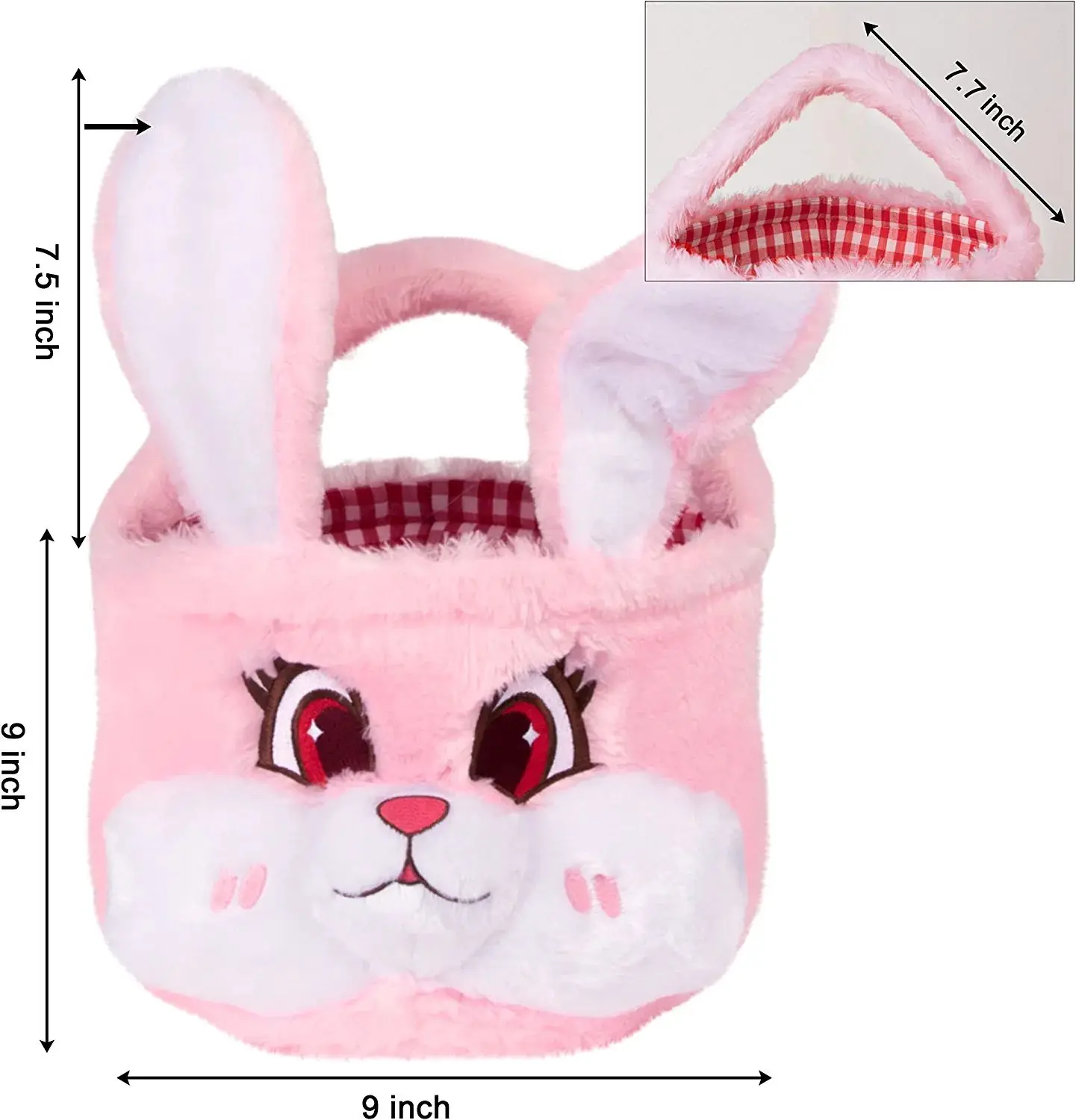 3D Cute Plush Empty Bucket with Foldable Ears and Handle Bunny Easter Basket for Kids Gift Pink
