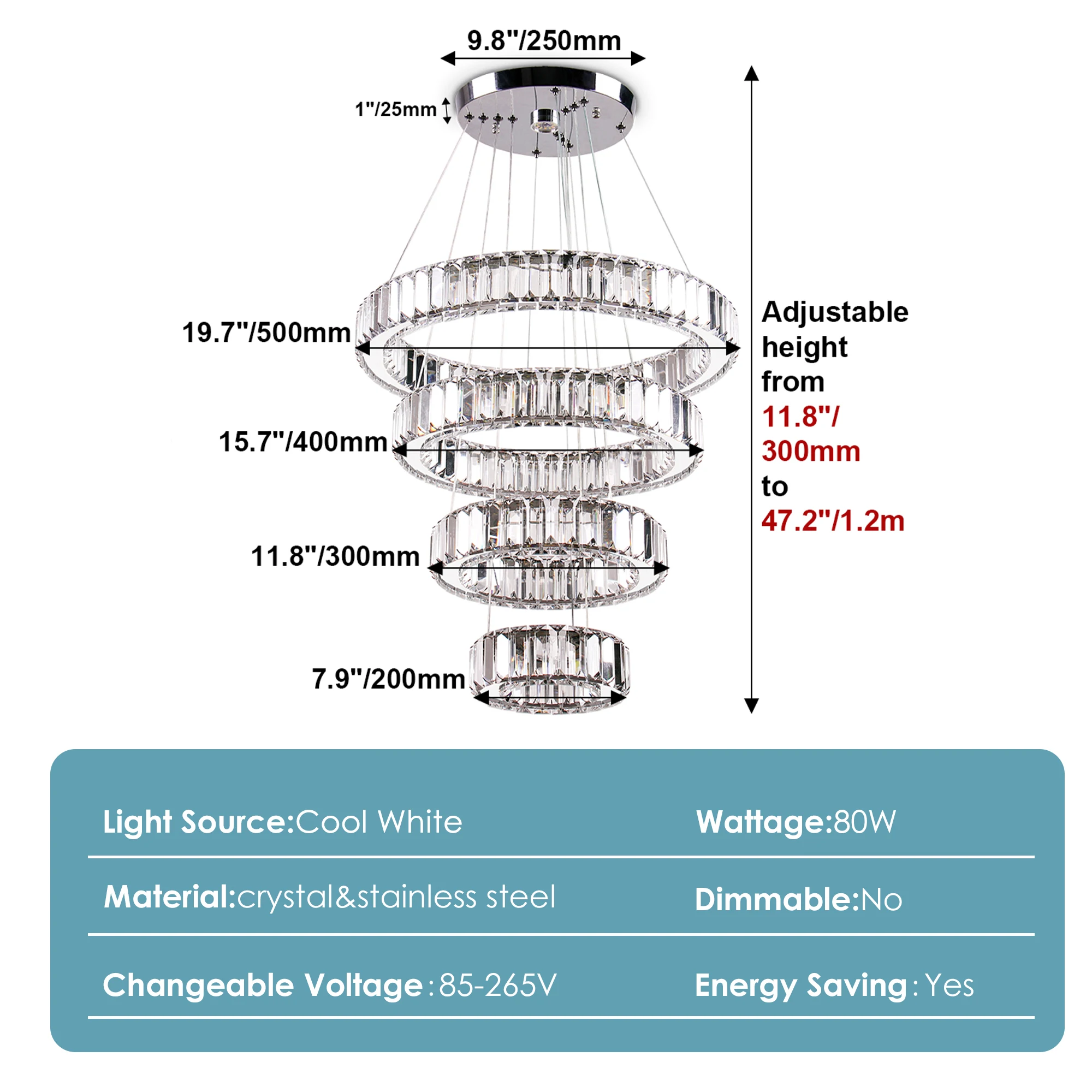 OEM for Dining Room Bedroom Living Room Dimmable Modern LED Chandelier with Remote 4 Ring Pendant Light Crystal Chandeliers