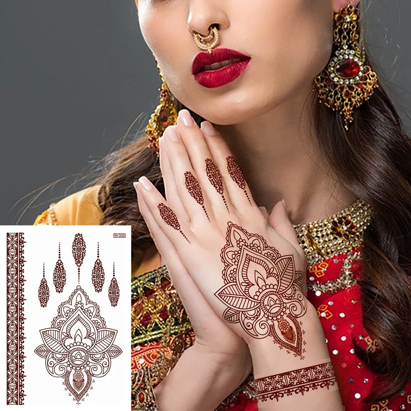 Hot Sale Fashion Henna Mehndi Red Brown Tattoo Stickers Body Art Arabic Face Hand Temporary Tattoos Waterproof Sticker