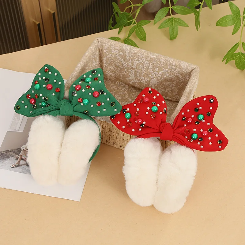 Christmas Bow Pearl Warm Earmuffs Female Cute Plush Winter Warm Earbag Anti-Freeze Earcap Earmuffs