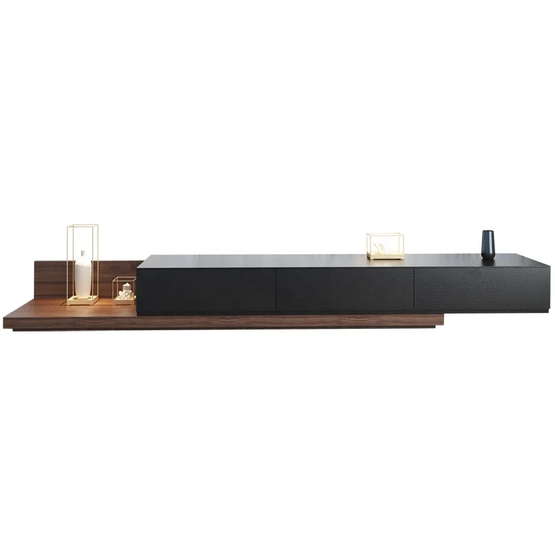 New Arrival Home Furniture Living Room Wood  Frame Black and Walnut Color Low Extendable TV Unit Stand