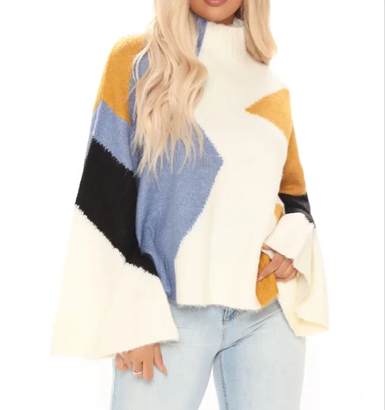 Classic Take Oversized Sweater Long Sleeve Stretch  Mock Neck Colorblock Sweater
