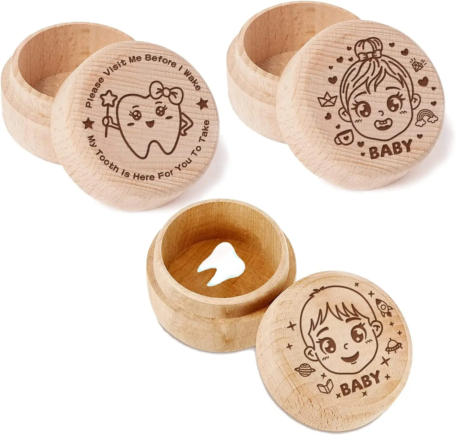 Round Wooden Tooth Box for Kids Wooden Tooth Fairy Box Baby Teeth Keepsake Box