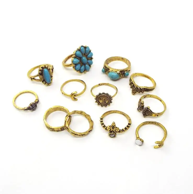 Alloy Retro Carved Turquoise Ring Sun Moon Joint Gem Set Women Fashion Boho