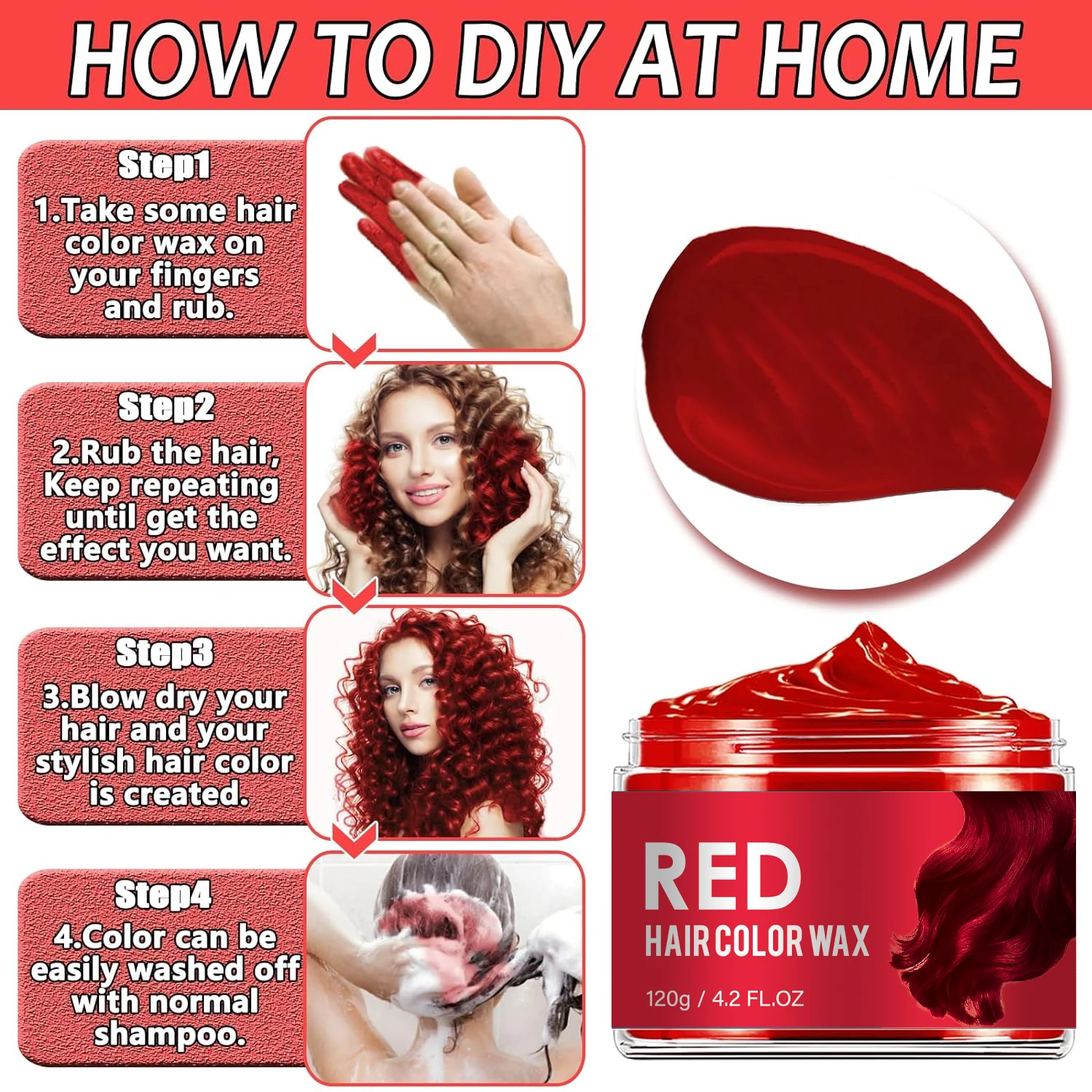 Hair Dye Washable Natural Instant Hair Color Cream Red Wax for DIY Hairstyle for Kids Men Women Halloween Party -739269