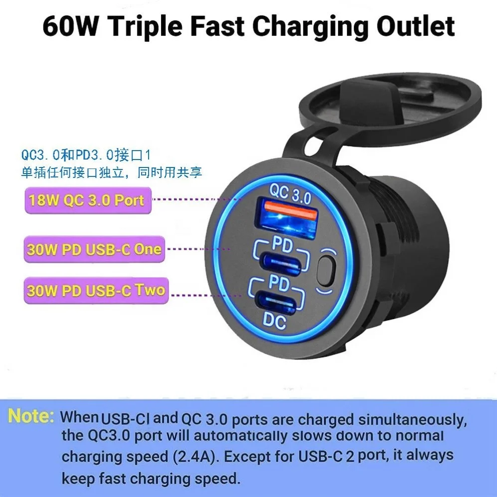 Популярная модификация автомобиля 3USB Интерфейс QC30 + PD с переключателем 12-24 В