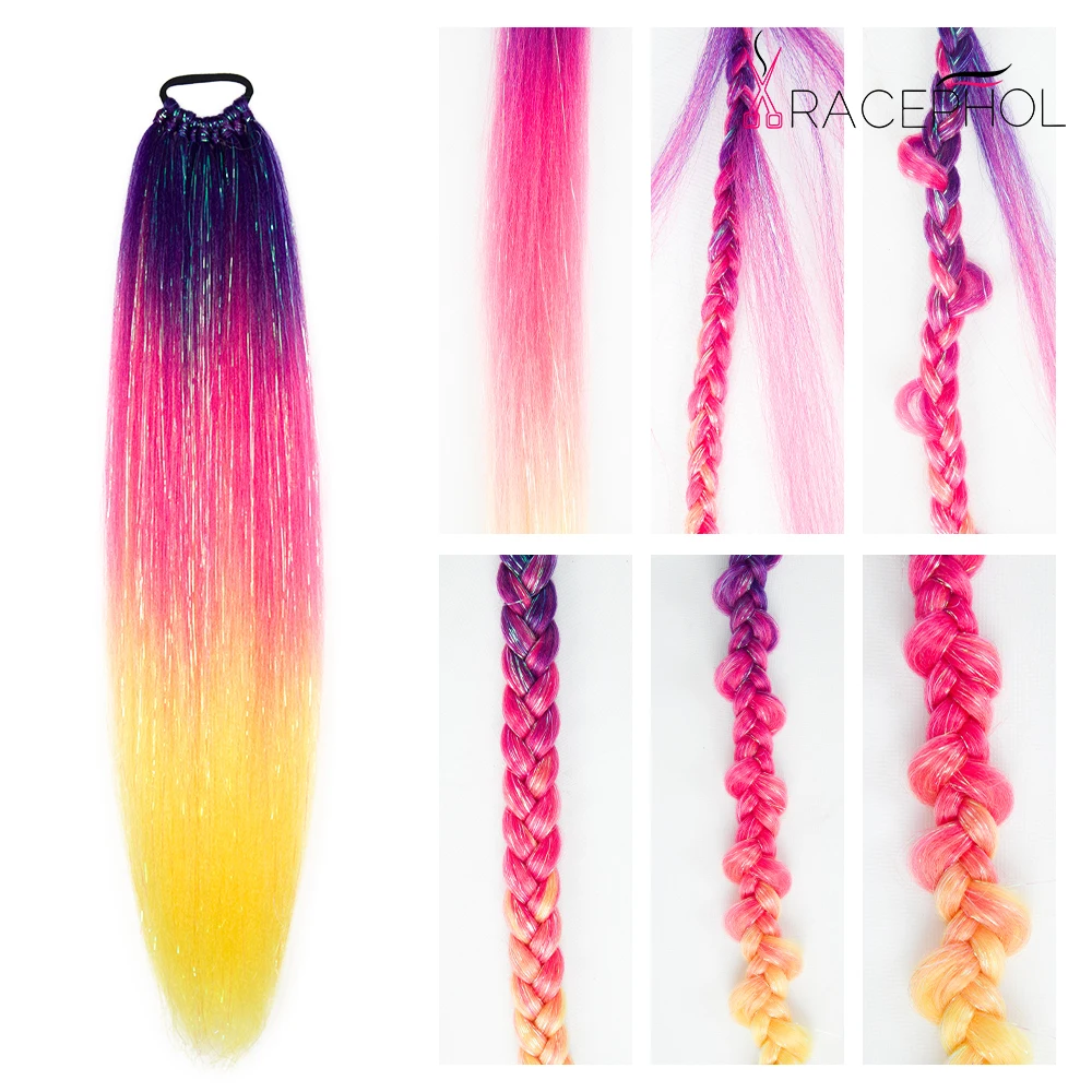 Multi Color Ombre Braiding Hair Extension Glitter Hair Tinsel Ponytail With Elastic Rubber Band Synthetic