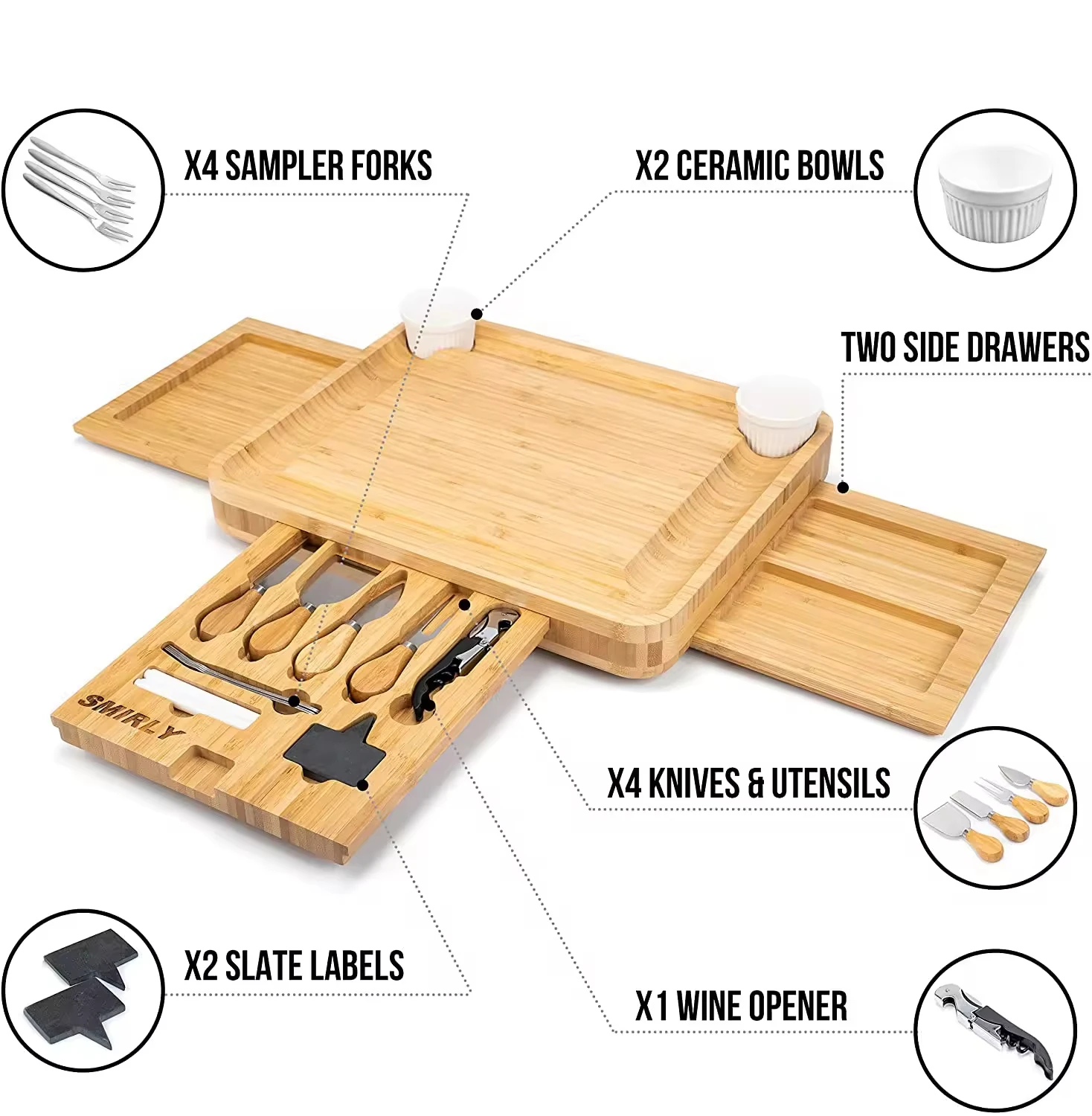 Simple Bamboo Cheese and Meat Board with Cutting Knives Drawer for Serving Charcuterie Board and Utensils Tray