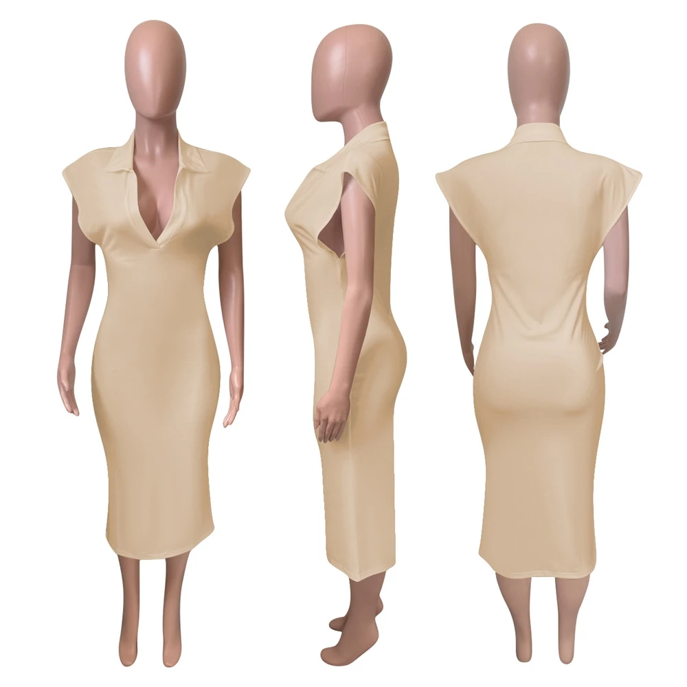 MISSQ NK285 Women Dresses Summer Casual Solid Polo V Neck Sleeveless Fashion Ladies Streetwear Dresses Club