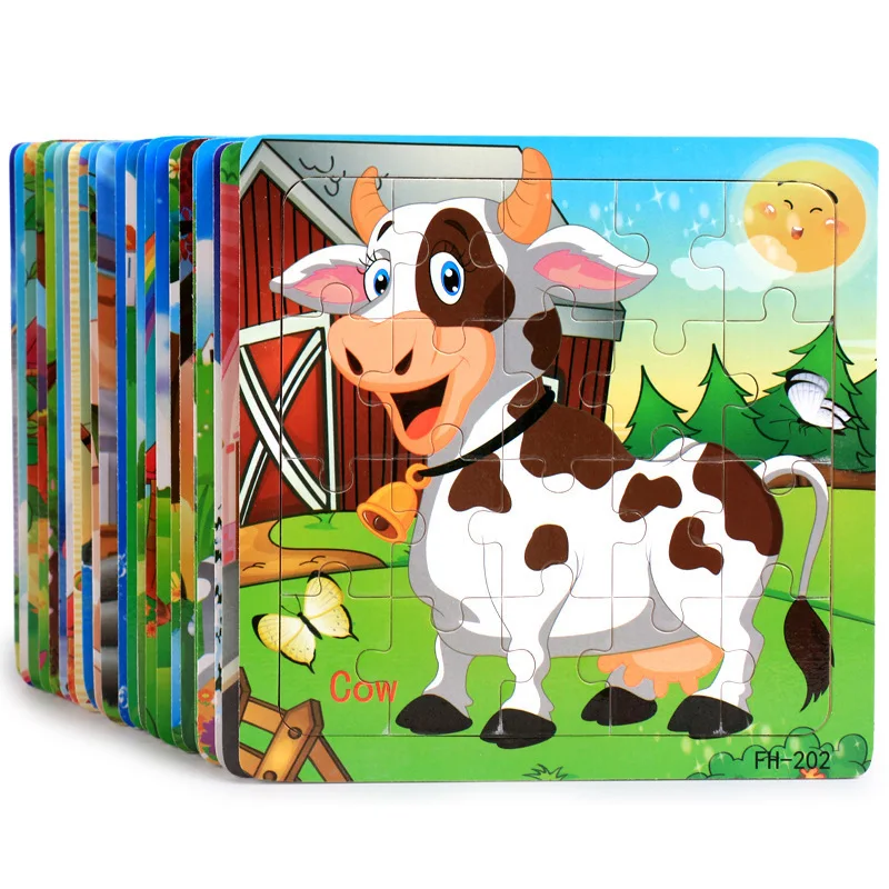 Kids 20pcs Wooden Cartoon Jigsaw Puzzle Early Educational Montessori 3D Animals Puzzle for Toddlers