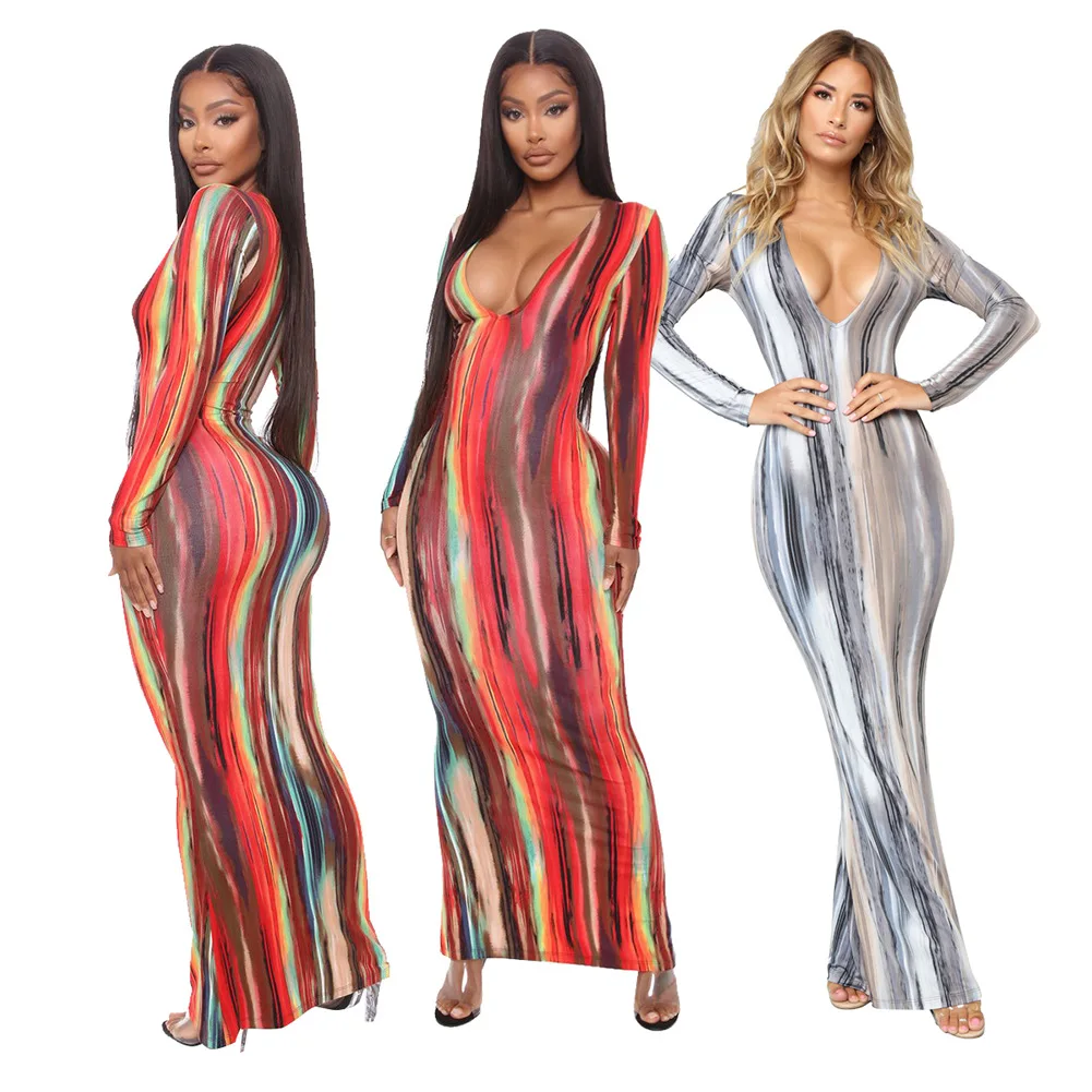 
Hot Items Dress HOBISH Colorful Sexy Deep V Neck Long-Sleeved Long Dress 