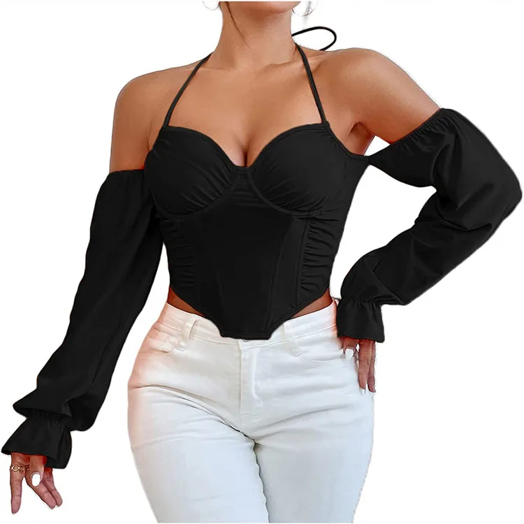 Summer Women Off The Shoulder Crop Top Long Sleeve Asymmetrical Hem Halter Blouse Bustier Corset