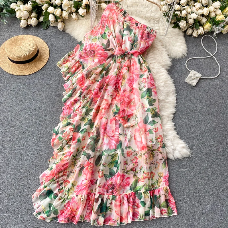 New arrival Summer Boho Floral Dress Chiffon Women Floral Maxi Dresses Summer One Shoulder Chiffon Korean Dress Floral