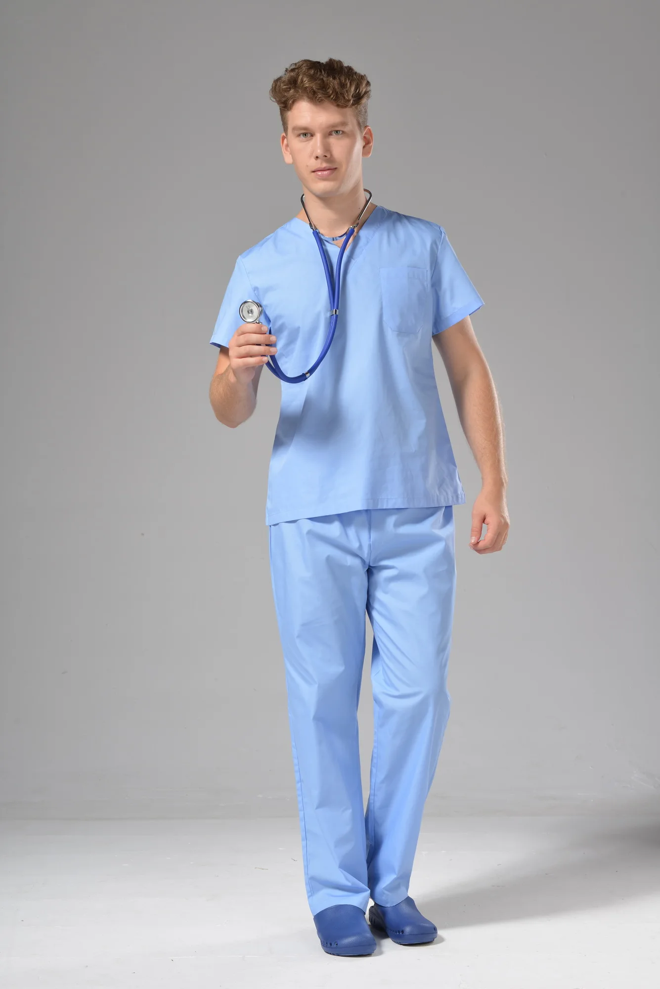 FUJU Medical Scrubs Unisex V Neck Nurse Uniform Anno Medical Scrub Uniform Cyan OEM Spandex HEN Time Lead Fabric Doctor Support
