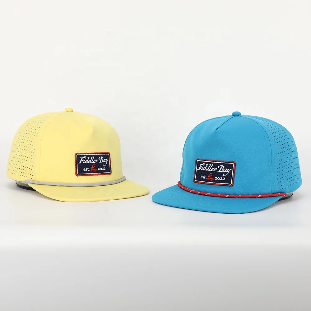 Wholesale Custom Patch Logo 5 Panel Polyester Rope Snapback Cap,Flat Brim Unstructured Gorras,Laser Cut Hole Perforated Hat