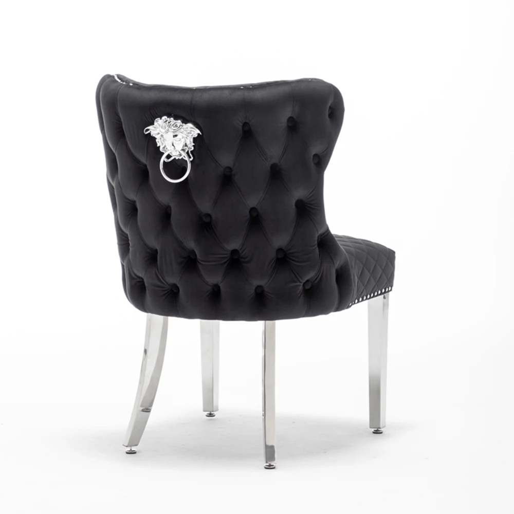 Luxury fabric tufted back stainless steel metal dining chair with back knocker