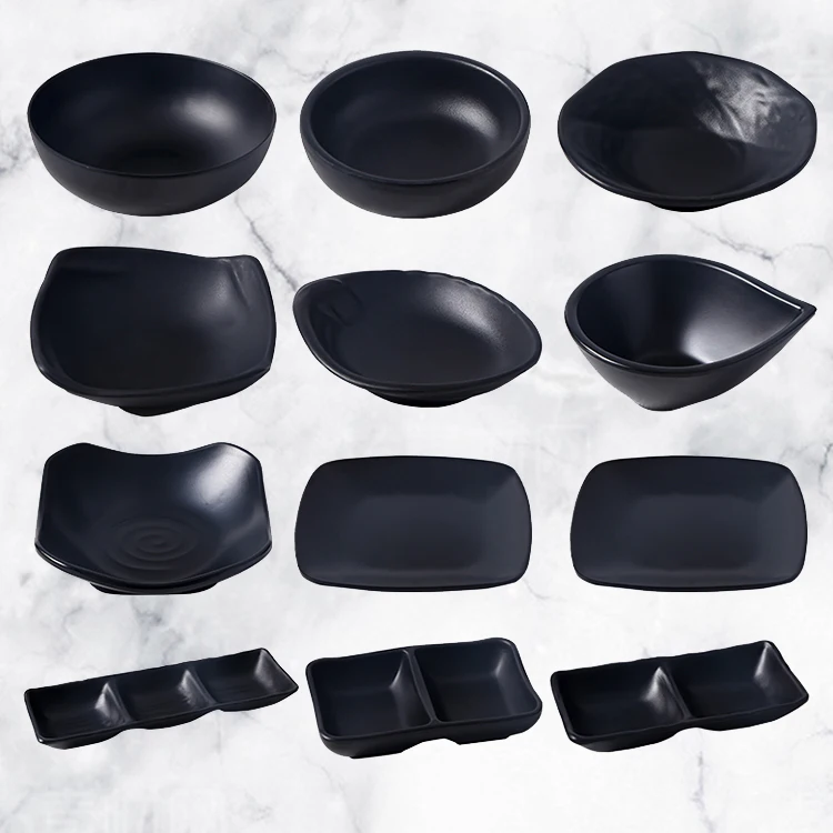 black 2 compartment melamine sauce plate with divide for Japanese restaurant plastic sauce dipping dish bowl