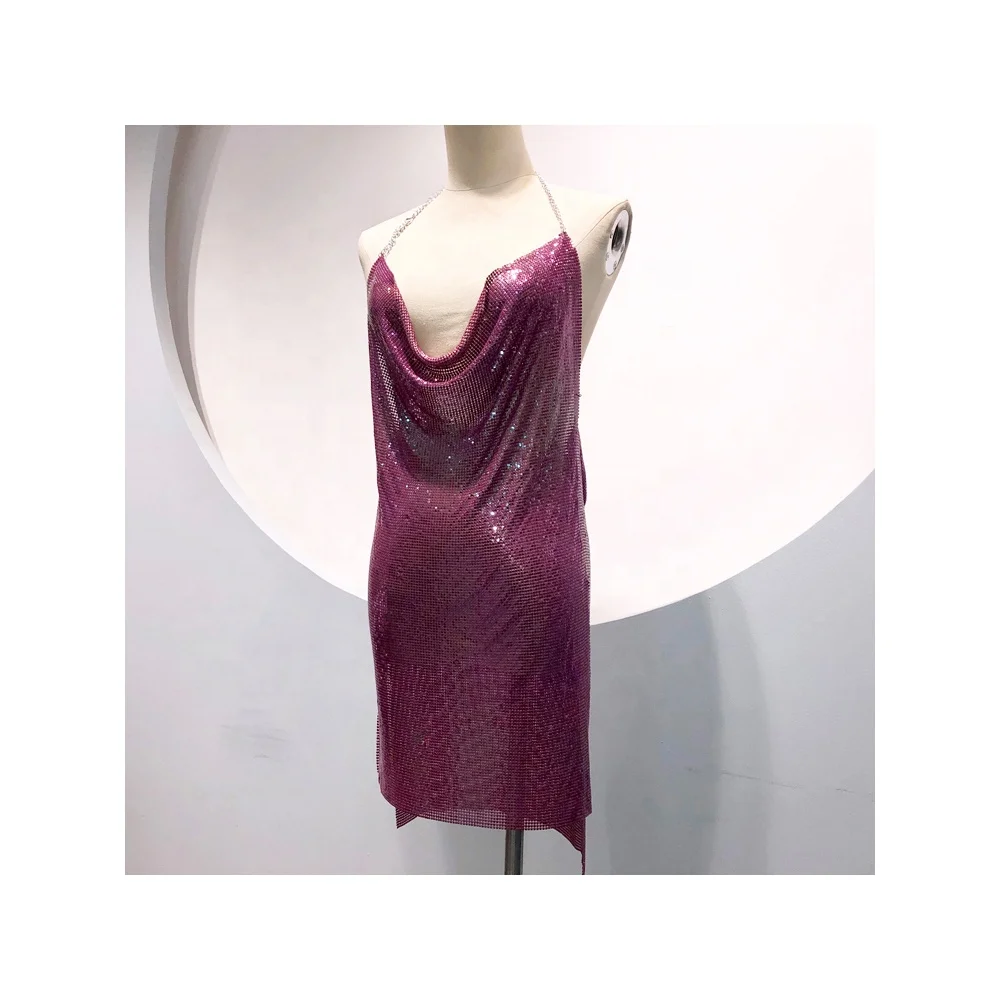 Женское сексуальное Клубное Радужное фиолетовое платье GC025 chainmail, женское вечернее платье на бретелях с открытой спиной