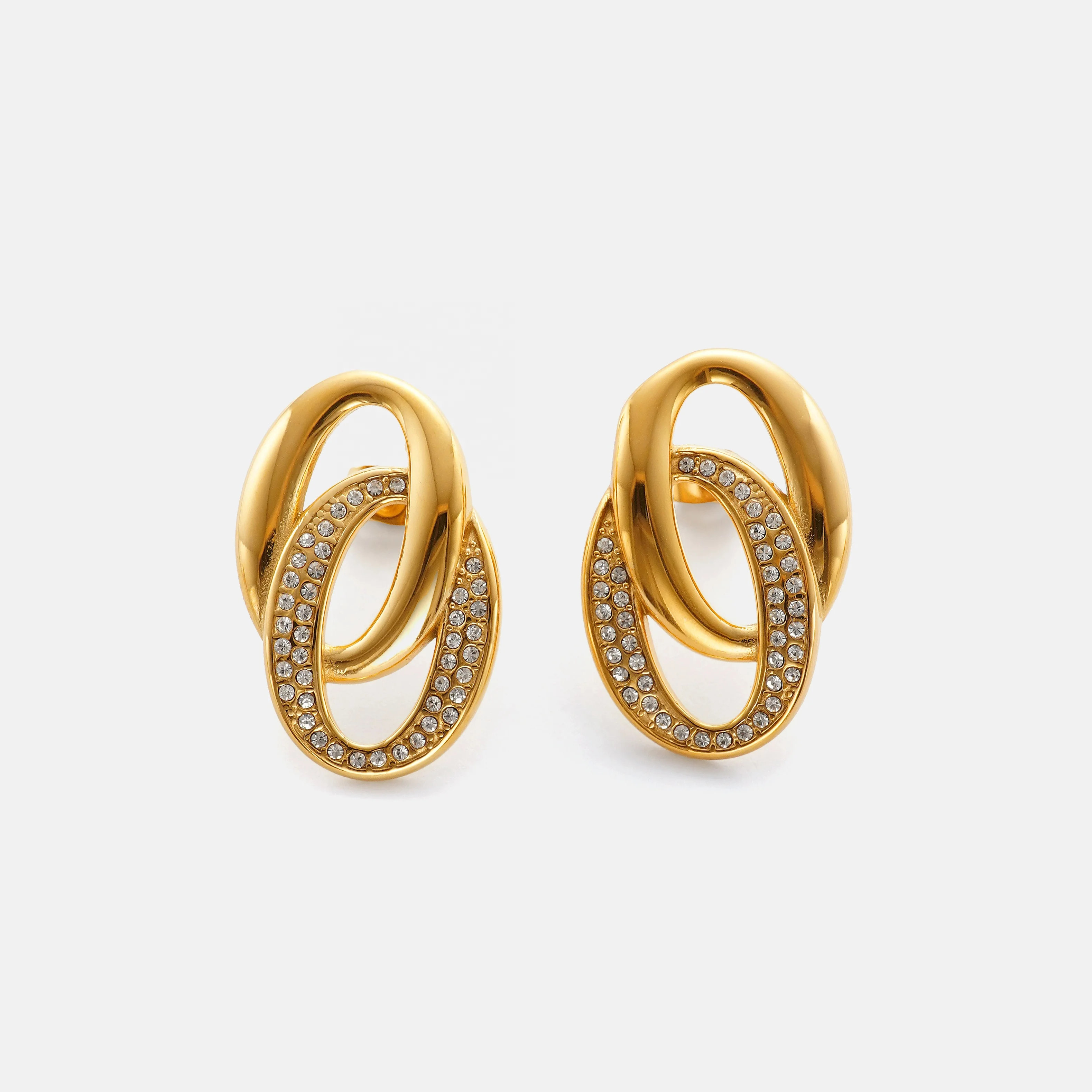 2024 Dazan New 18k Gold Plated Unique Hypoallergenic Stainless Steel Classic Double Circle Iced Out Zircon Artist Earrings
