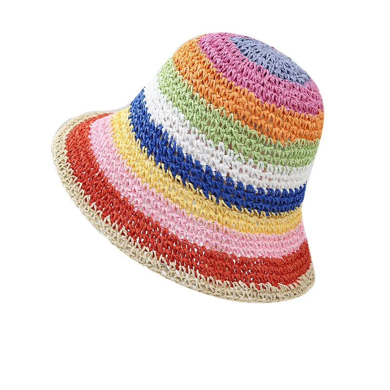 Handmade Rainbow Straw Hat Sunscreen Shading Fisherman cap Braided Striped High Quality Crochet Bucket Straw Hat