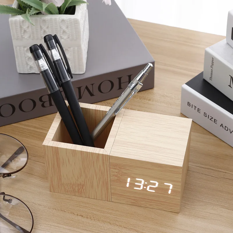 Multi-functional Creative Decoration Temperature Desk Alarm Clock Pen Holder With Wood Digital LED Wooden Alarm Table Clock