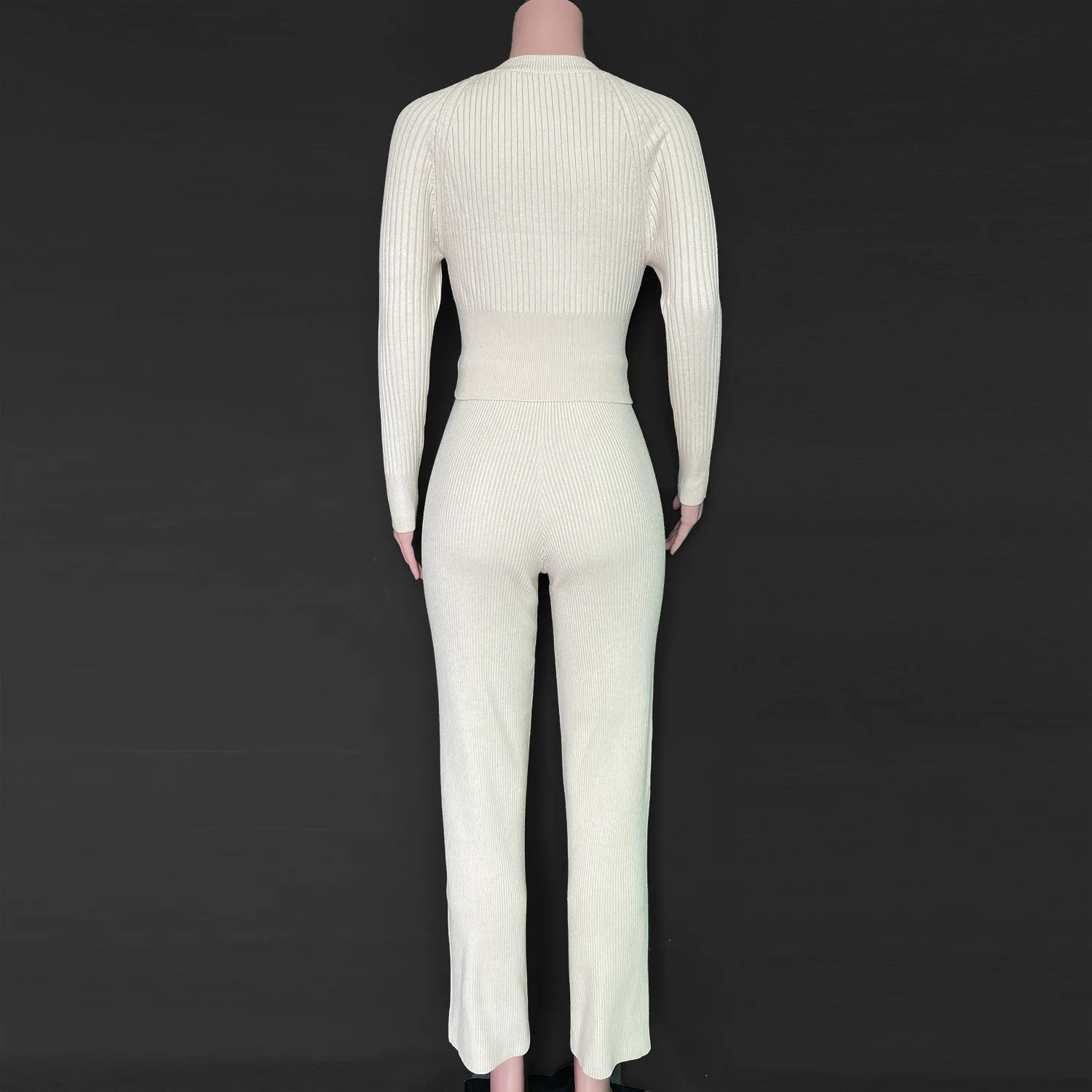 New Arrival High Quality Long Sleeve Wide Leg Knitted Ribbed Two Piece Lounge Wear For Women 7