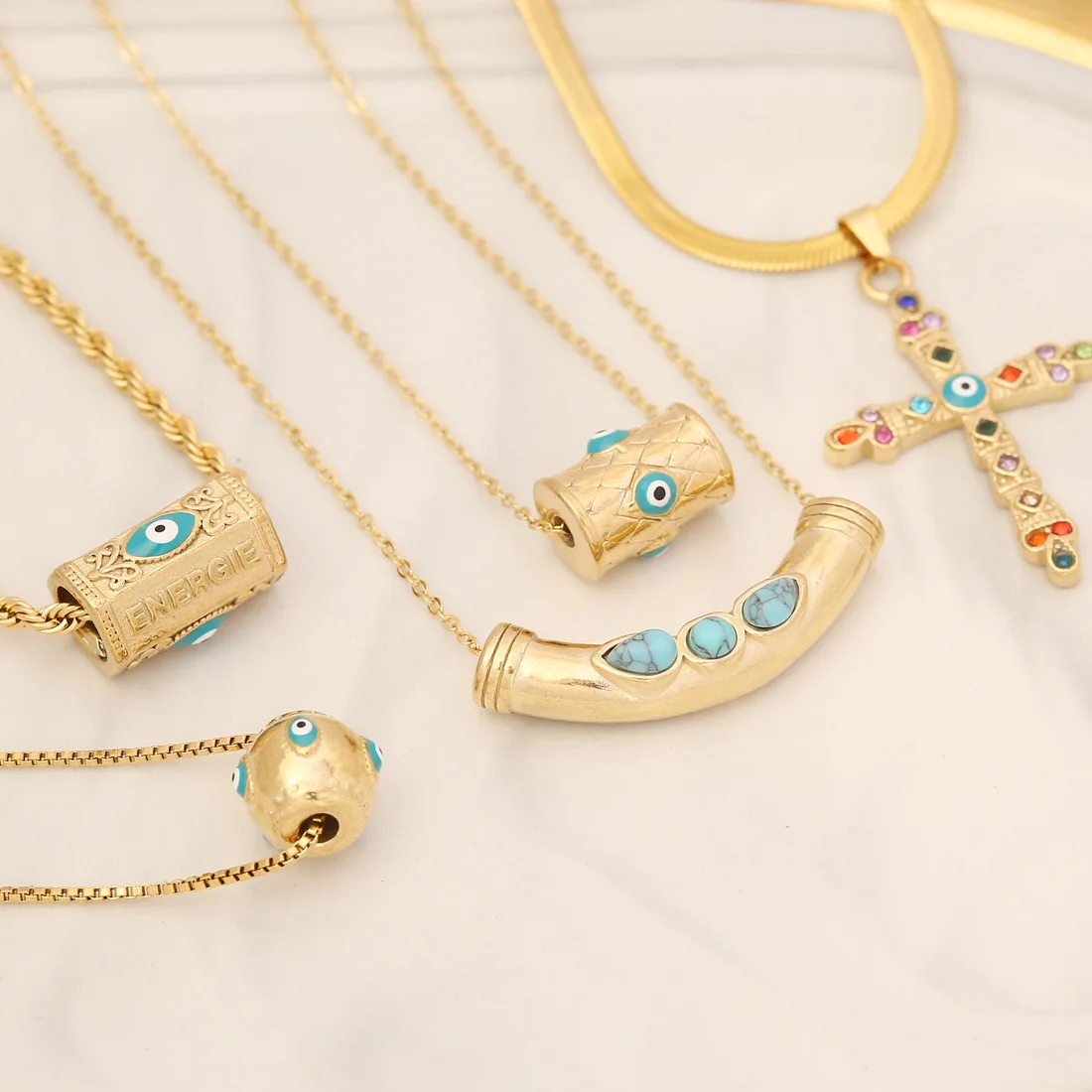 Duyizhao Tarnish free Stainless steel enamel pendant cross Canton Tower dainty eye women necklaces