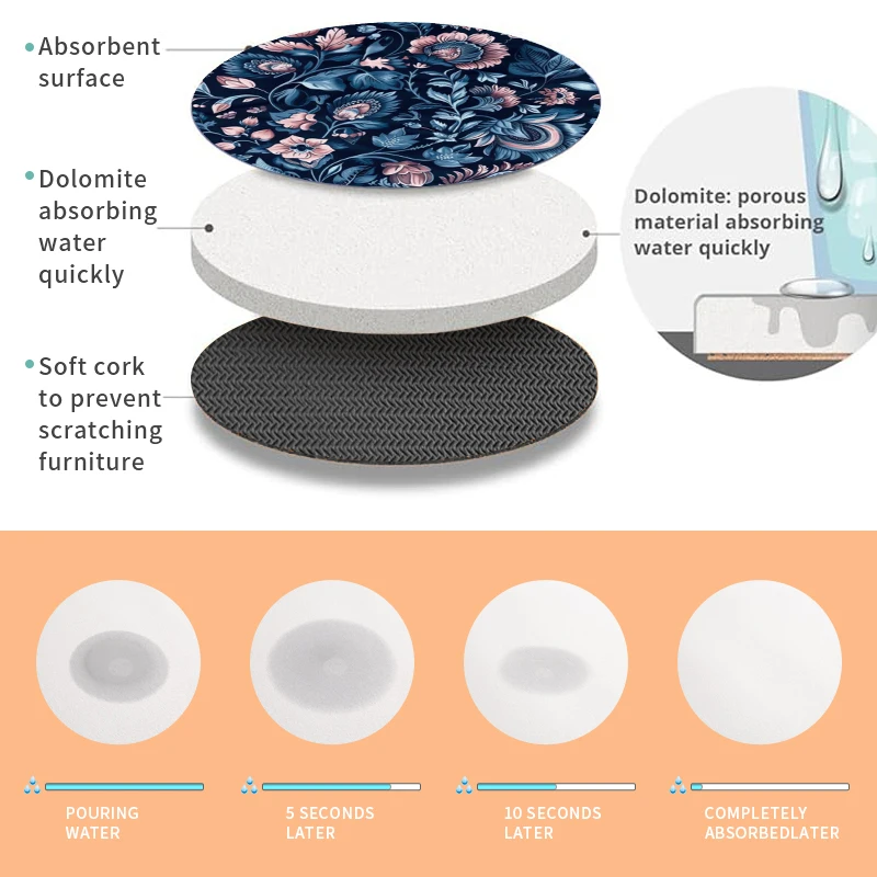 Pack of 6 Flower Custom table coasters placemat non slip anti slip absorbent diatom mud Diatomite diatomaceous earth place mat