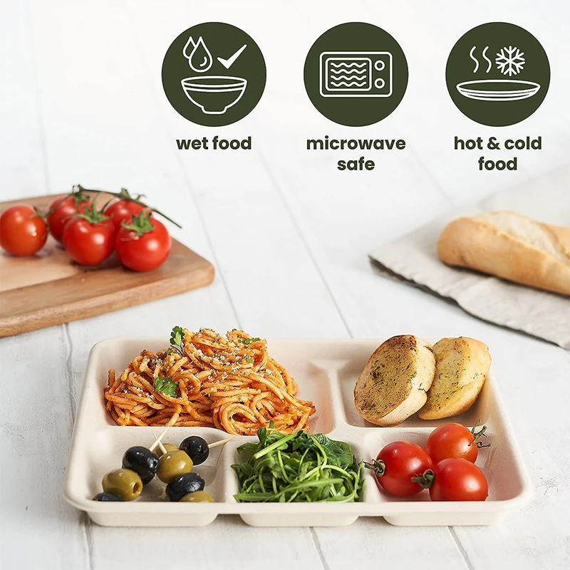 Heepack Biodegradable Pulp Tableware Food Packaging Plates Disposable 5-compartment Sugarcane White Bagasse Tray