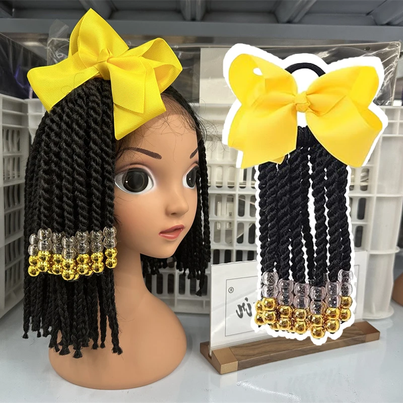 custom 5inch 8inch 10inch sengel twist kids braids elastic ponytails with colorful crochet beads with Bow Tie wholesale
