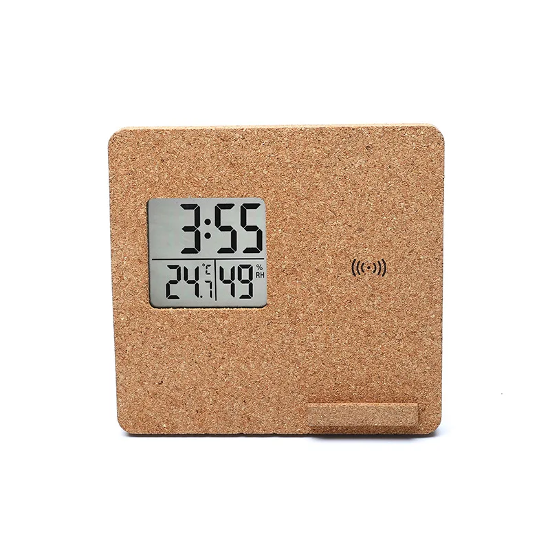 Multifunction Bamboo Cork Wood 2 in 1 Digital Alarm Clock Wireless Charger Stand for desk office