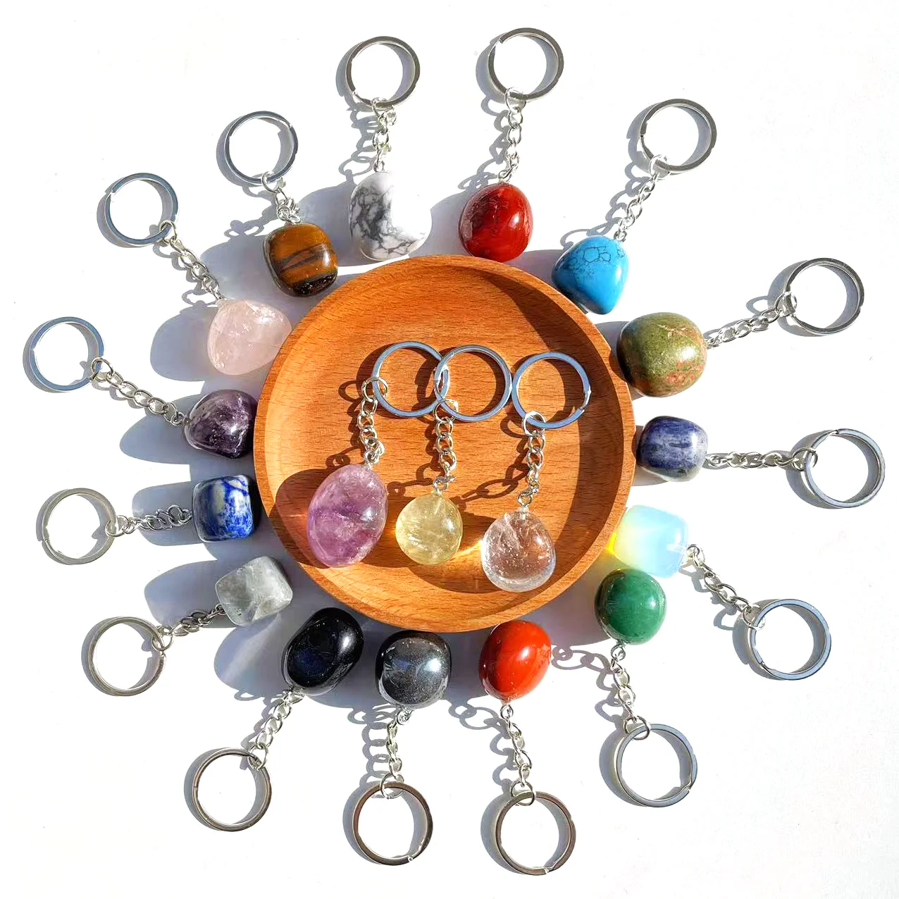 Cheap Price Natural Healing Gemstone Crystal Tumbled Stones Keychain Crystal Rose Quartz Key Chains