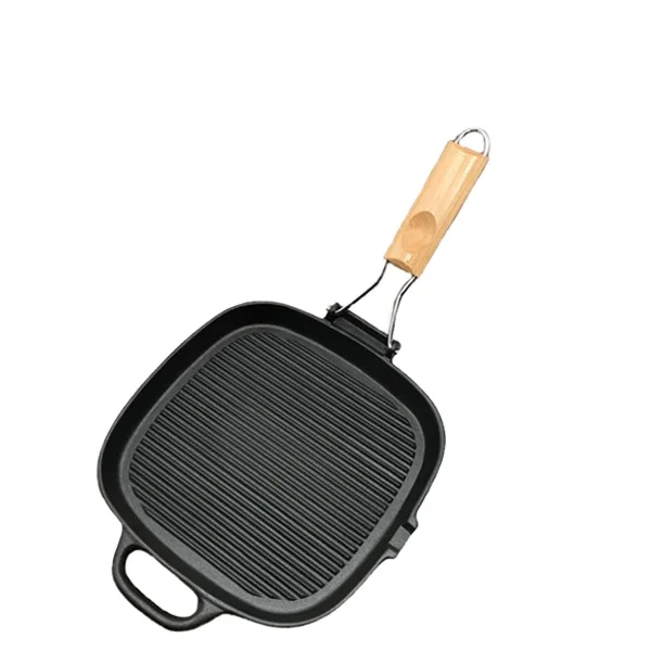 Wholesale Square 27CM Nonstick Cast Iron Non Stick Cooking Steak Frying Pan Skillet with Wooden Folding Handle