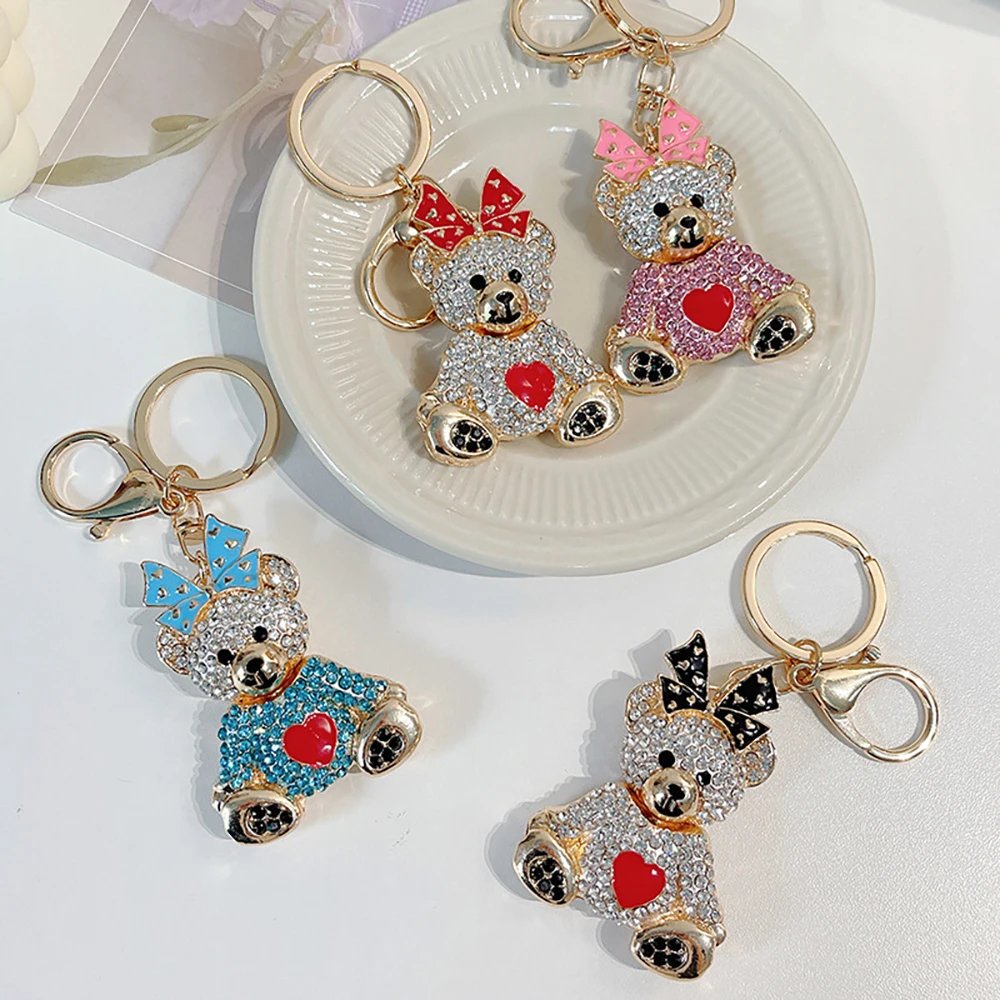 Custom Creative Bear Pendant Light Keychain Rhinestone Crystal Handbag Decorative Metal Keychains with Bow