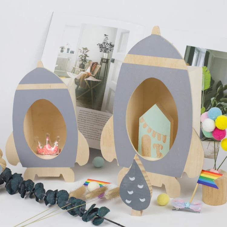 Nordic handmade wooden rocket storage shelf home decorations baby nursery decor for children room