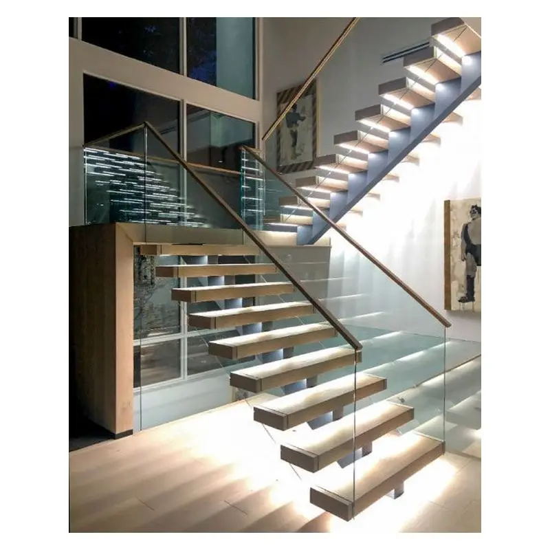 High Quality Interior Straight Marble Staircase Floating LED Light Stairs Price