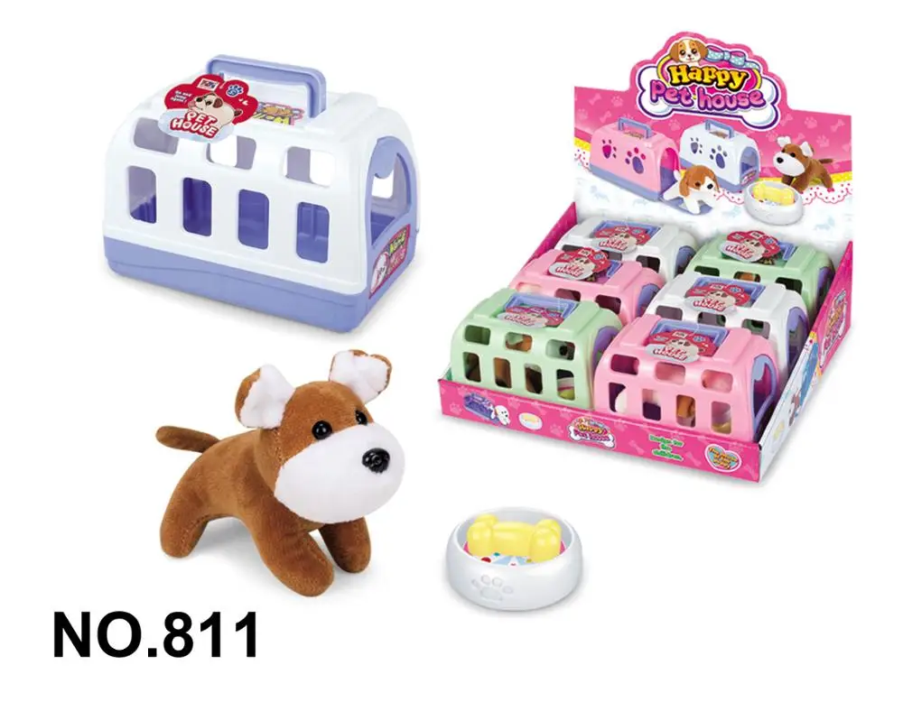 Kids Pretend play toy set plush dog with carrier