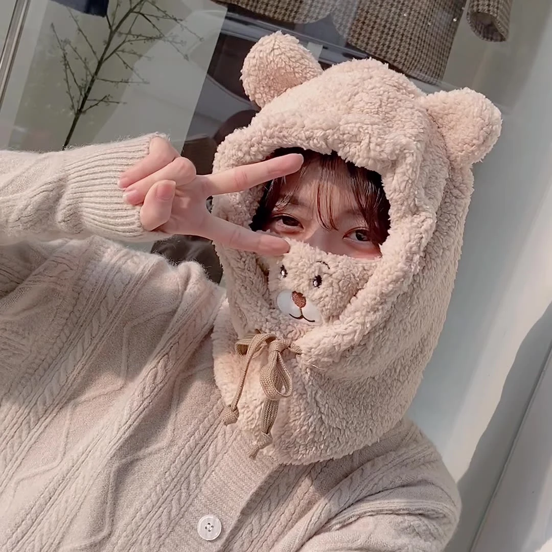 All-match Cute Bear Ear Hat Lamb Plush Simple Korean Winter Riding Thicken Warm Windproof Mask Scarf One-piece Cute Bear Hat