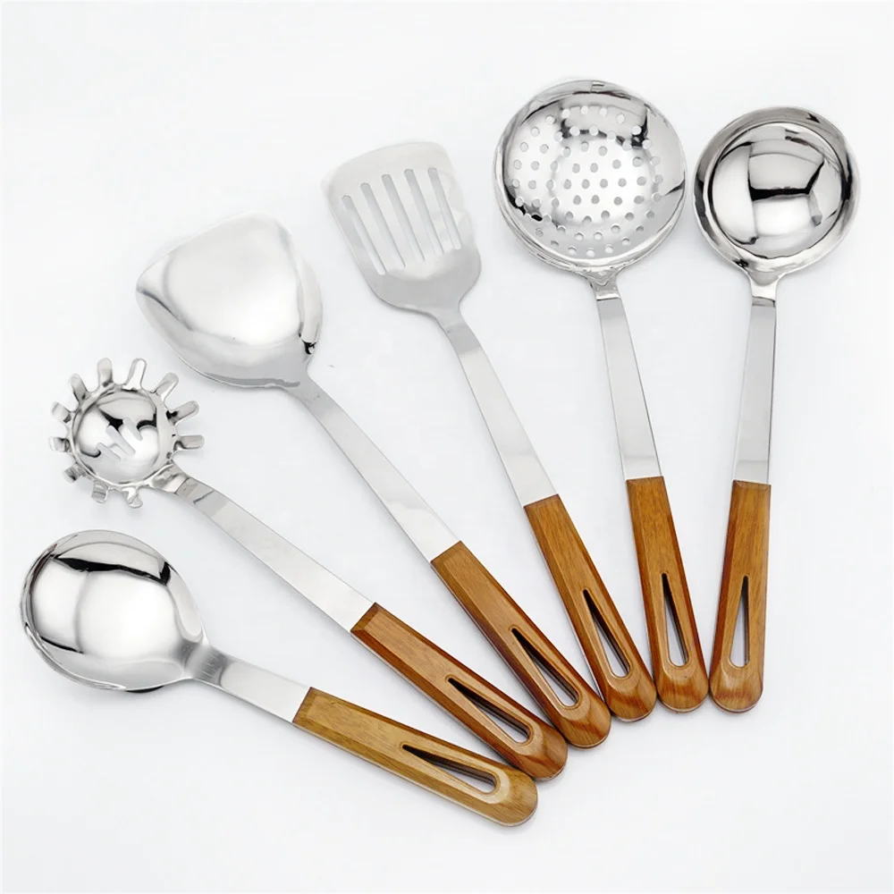Wooden style ABS plastic handle thick stainless steel kitchen cooking utensils set slotted spatula spoon cookware gadget
