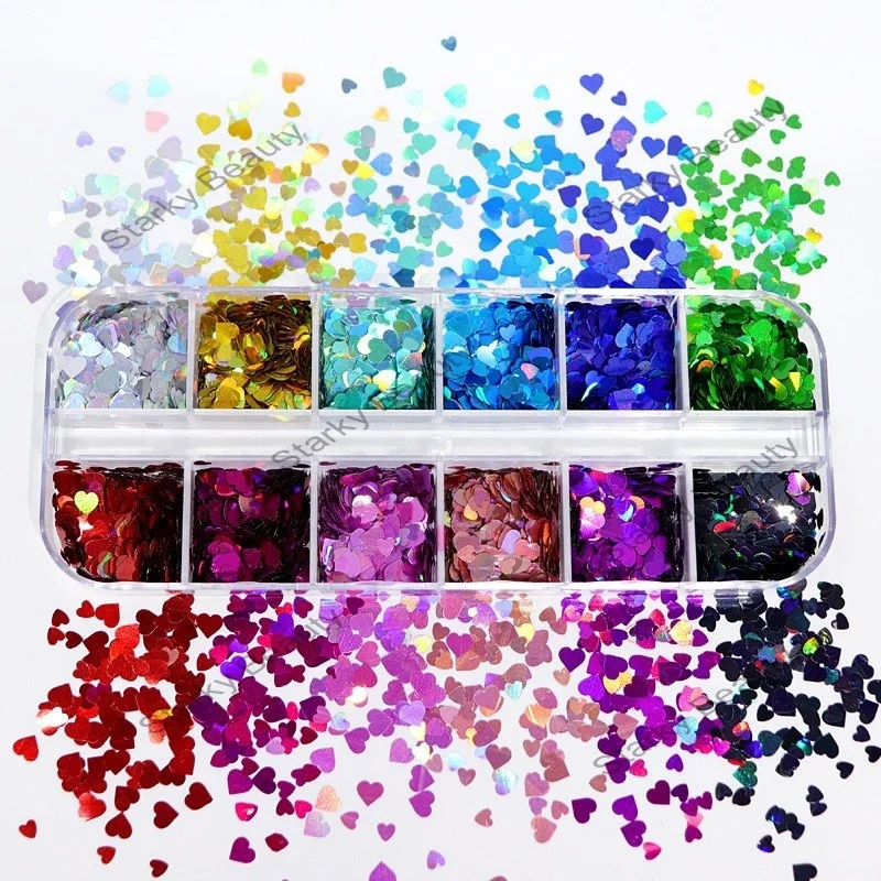 12 Grid Pearlescent 3d New Holographic Glitter Sequins Nail Charms butterfly heart shaped nail art decoration kit