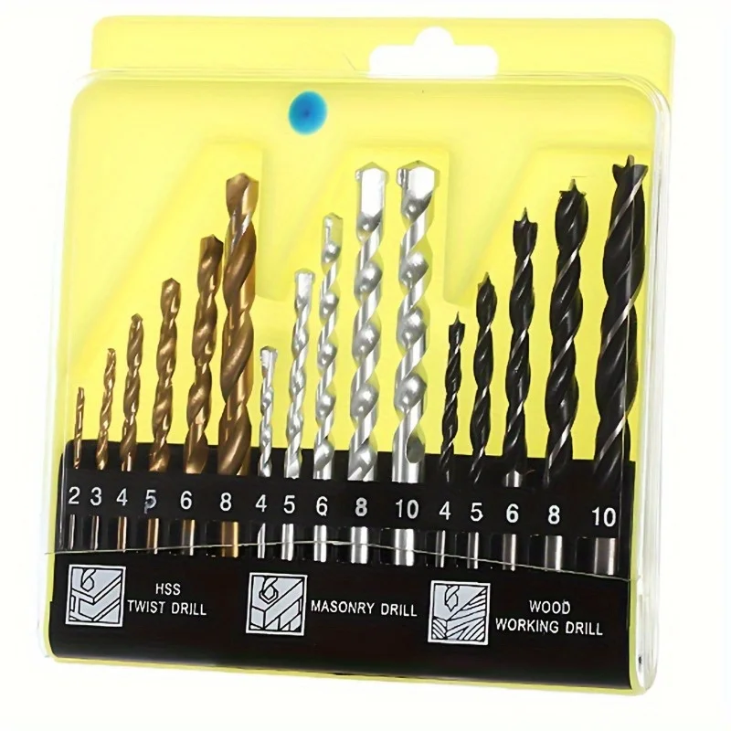 16pcs HSS Mixed Drill Bit Set 8mm Multi-Function Combination Twist Masonry Wood Working & Metal Concrete Drilling Bits