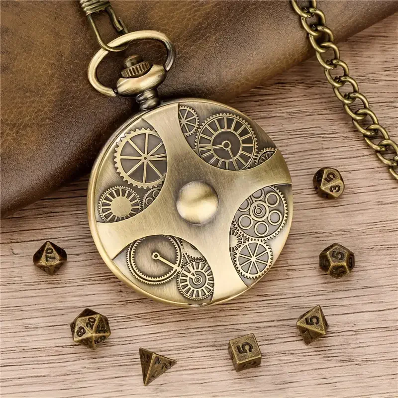 Pendant Chain and 7 Metal Polyhedral Dice Tabletop Gaming and Fantasy Role-Playing Unique Gear Pattern Pocket Watch Case