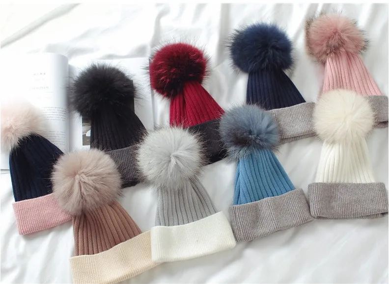 
Winter Beanie Hats With Fox Ball Fashion Hat For Women Big Ball Two Color Stripe Knit Hat 