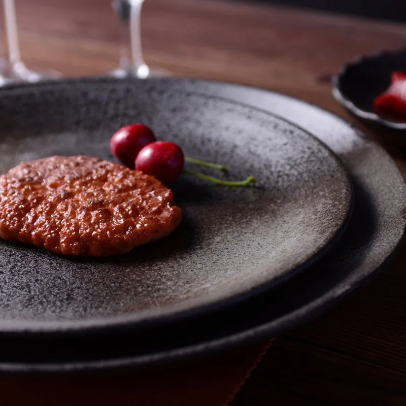 Ceramic Black Dinner Steak Plate Japanese Restaurant Fried Rice Plate Household Dinnerware Plates Set