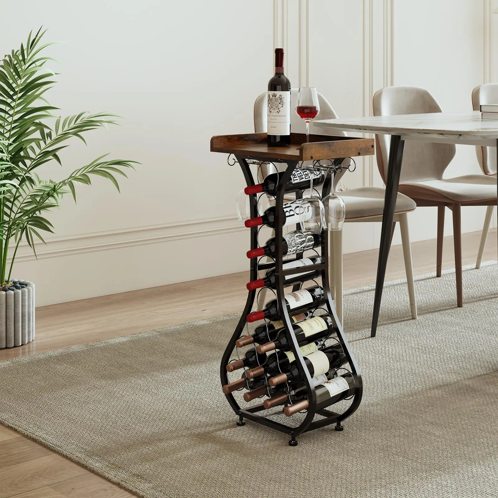 Wine Rack Freestanding Floor Mini Bar Table Wine Holder Stand Liquor Cabinet with Glass Holder Wood Tabletop 14 Bottles