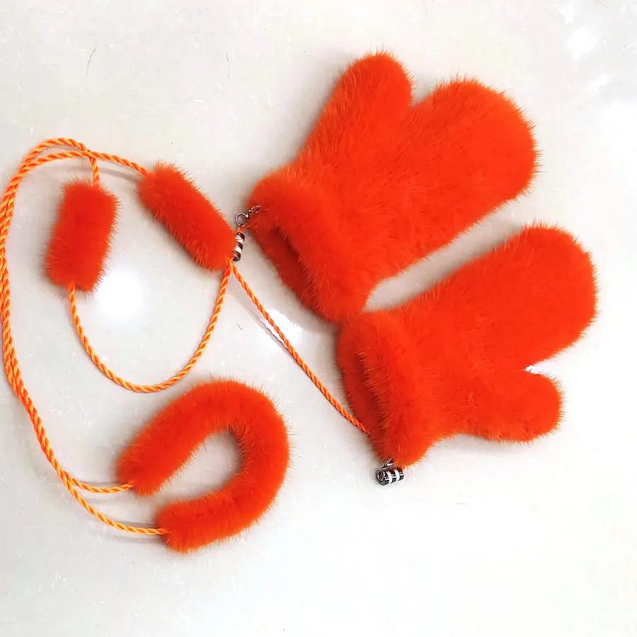 custom  winter warm mink fur ski  other sports gloves with rope 2024 new knitted real fur gloves female