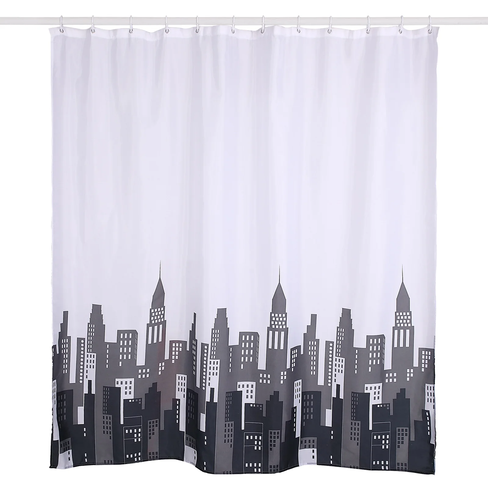 Black with White Printing New York City Style Polyester Shower Curtain with C hooks Set of 13