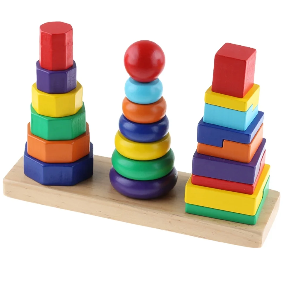 Wholesale Wooden Geometric Shape Stacker Sorting Board Rainbow Tower Small Three Pillars Tower Of Hanoi Puzzle Game For Children